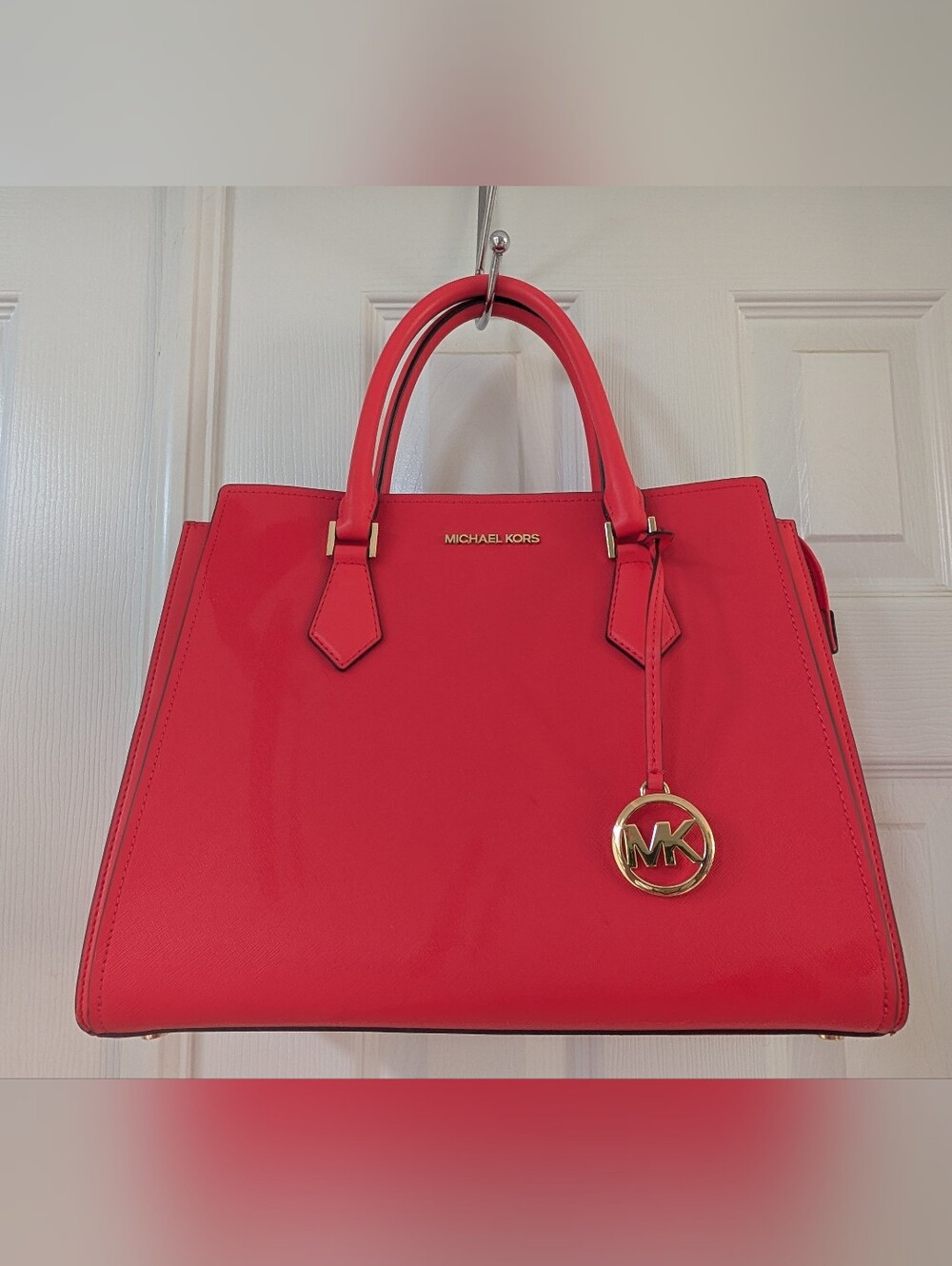 Michael Kors Red Structured Satchel with Gold Hardware